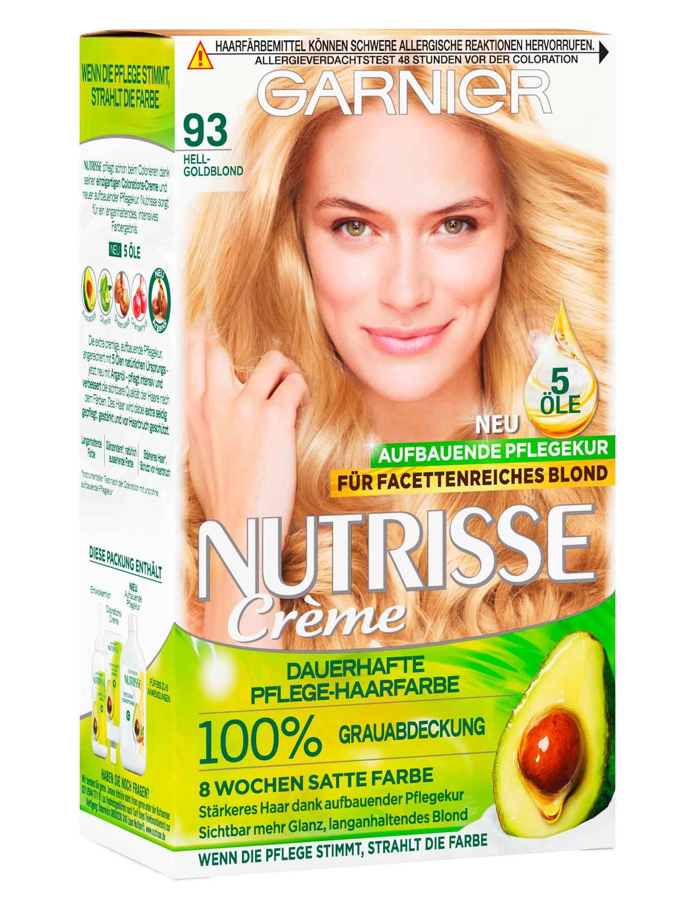 Vorderansicht auf die Verpackung der Garnier Nutrisse Creme 93 Hellgoldblond